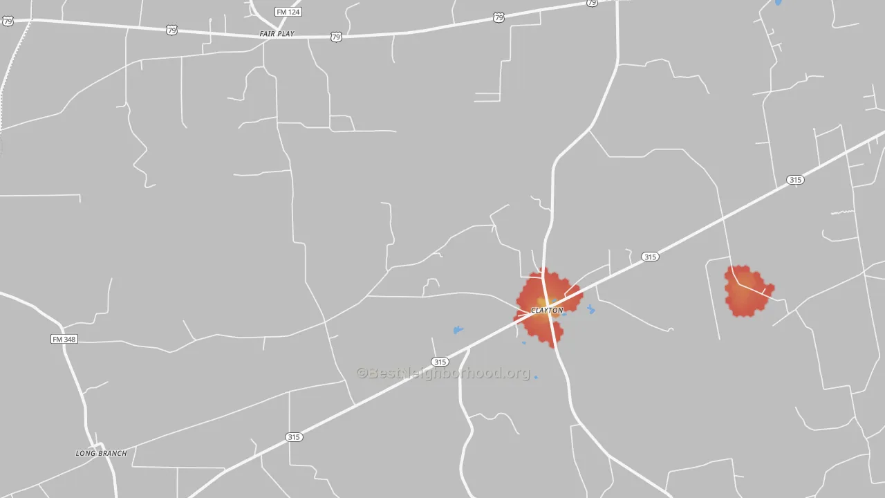 Walk Grade map of Clayton, TX, walkable areas in green and car-dependent areas in red