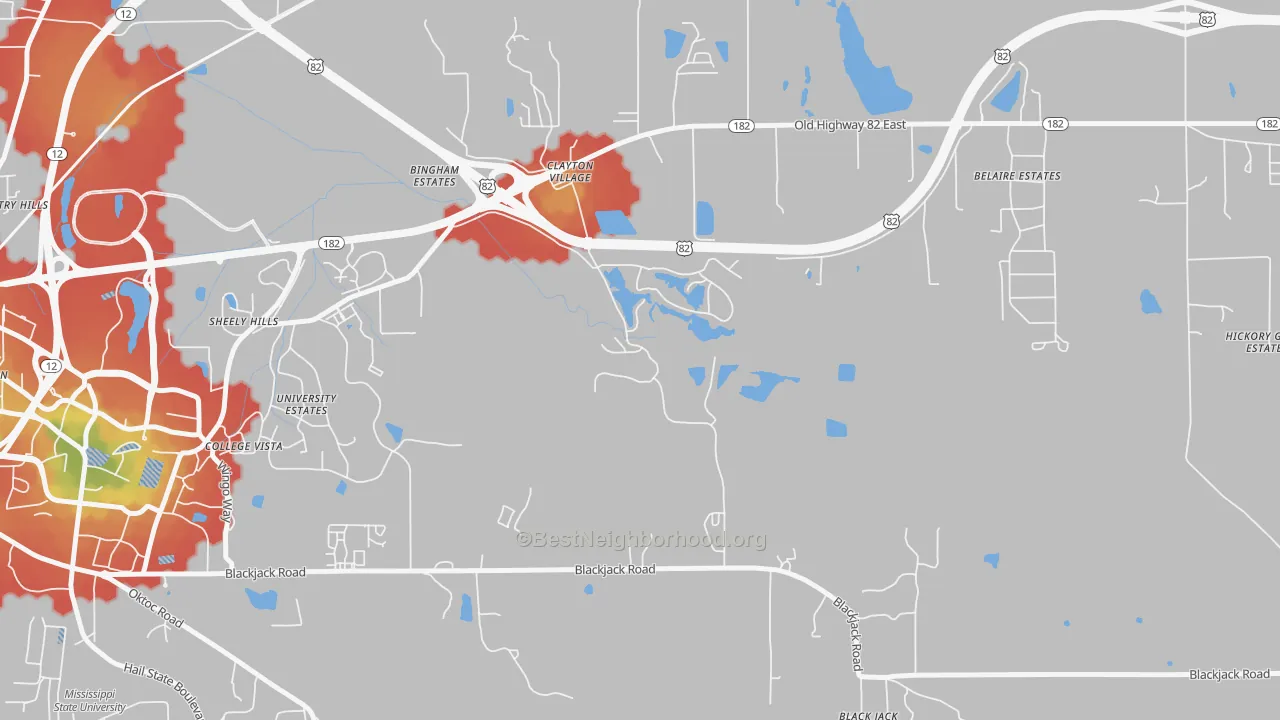 Walk Grade map of Clayton Village, MS, walkable areas in green and car-dependent areas in red