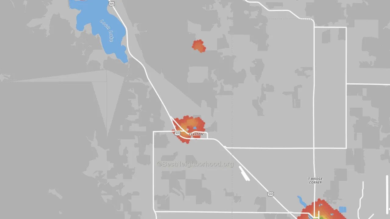 Walk Grade map of Clayton, WA, walkable areas in green and car-dependent areas in red