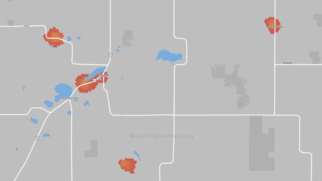 Walk Grade map of Clayton, WI, walkable areas in green and car-dependent areas in red