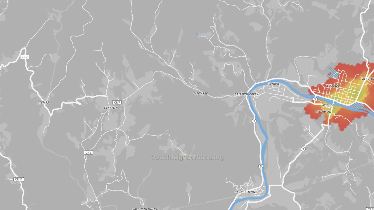 Walk Grade map of Clayton, WV, walkable areas in green and car-dependent areas in red