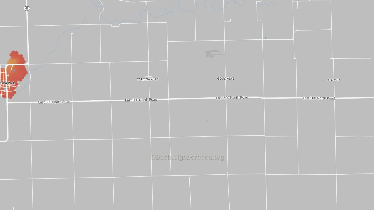 Walk Grade map of Claytonville, IL, walkable areas in green and car-dependent areas in red