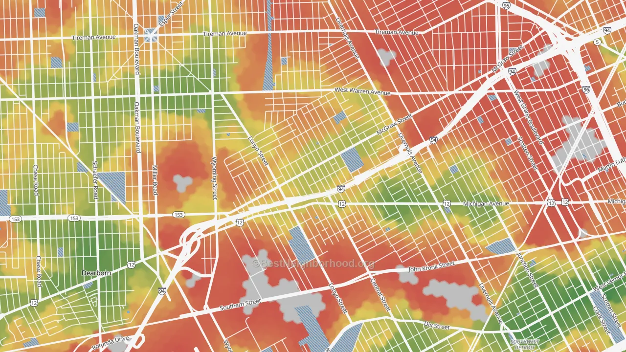 Walk Grade map of Claytown, Detroit, MI, walkable areas in green and car-dependent areas in red