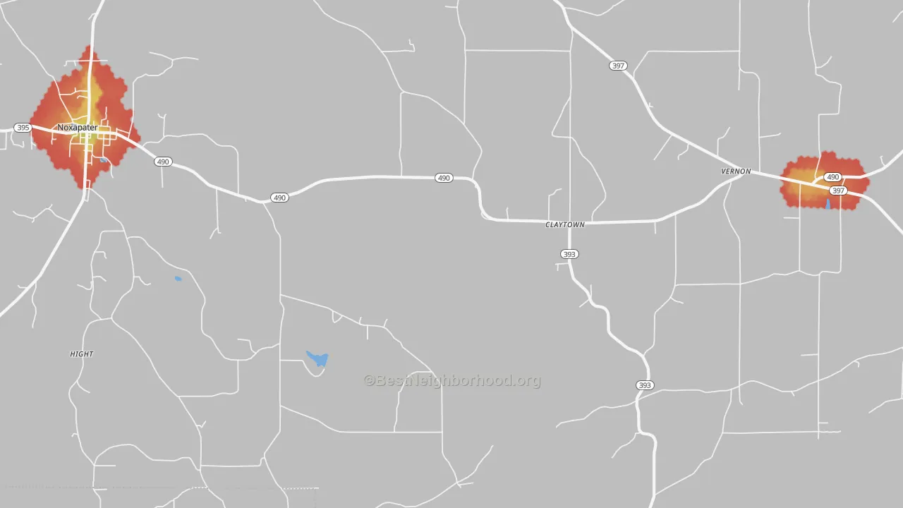 Walk Grade map of Claytown, MS, walkable areas in green and car-dependent areas in red
