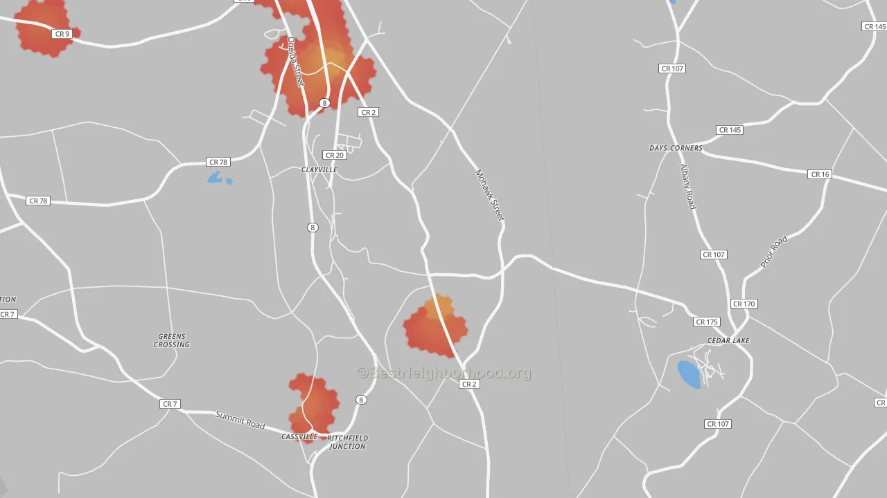 Walk Grade map of Clayville, NY, walkable areas in green and car-dependent areas in red
