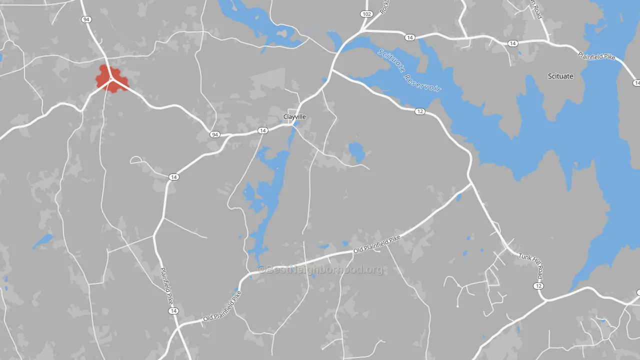Walk Grade map of Clayville, RI, walkable areas in green and car-dependent areas in red