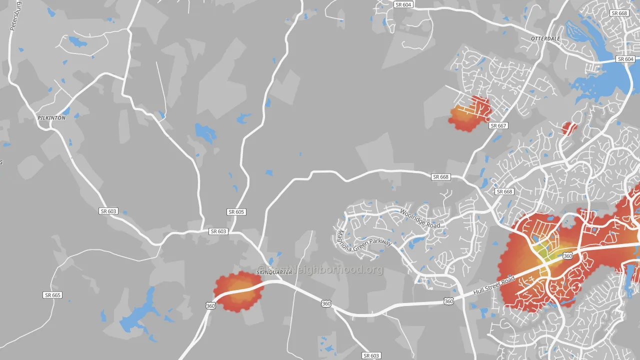 Walk Grade map of Clayville, VA, walkable areas in green and car-dependent areas in red