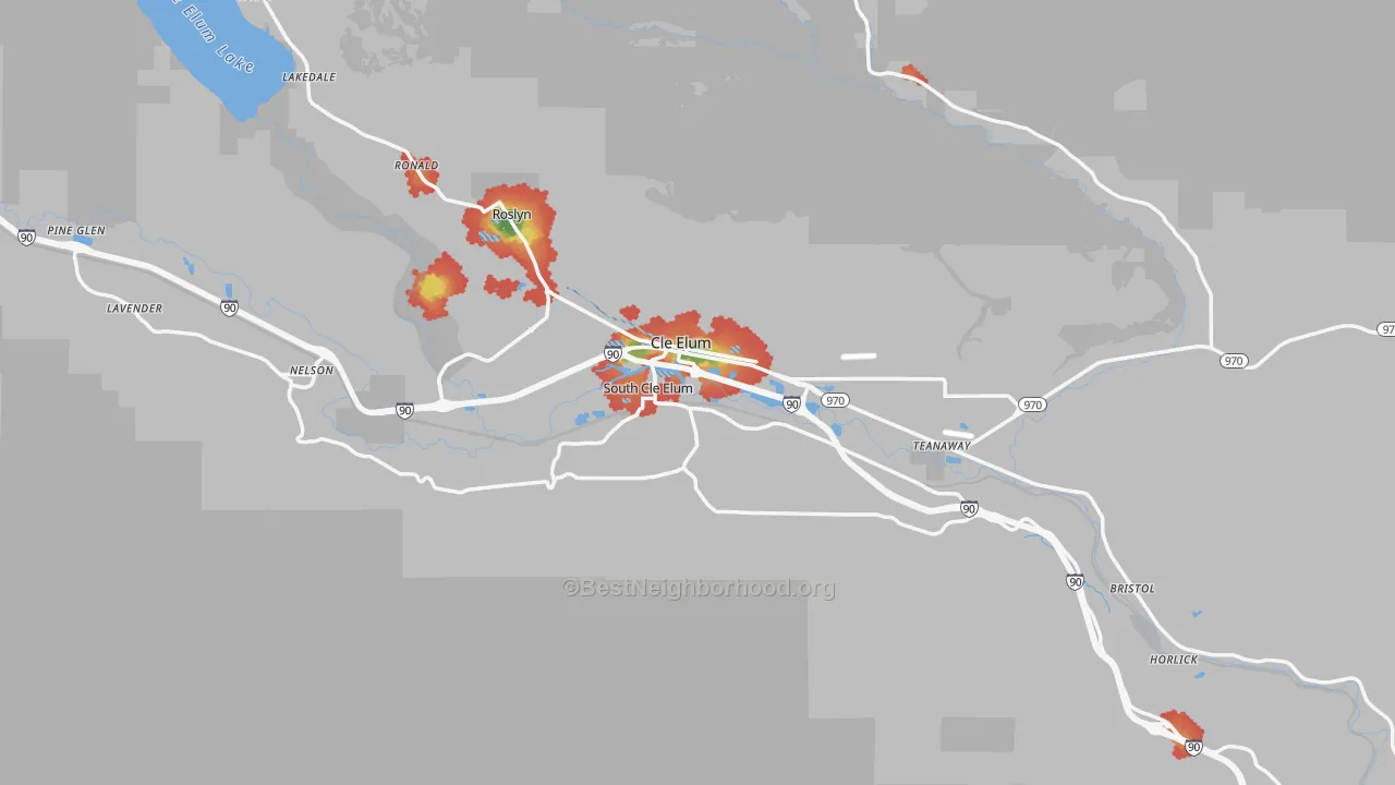 Walk Grade map of Cle Elum, WA, walkable areas in green and car-dependent areas in red