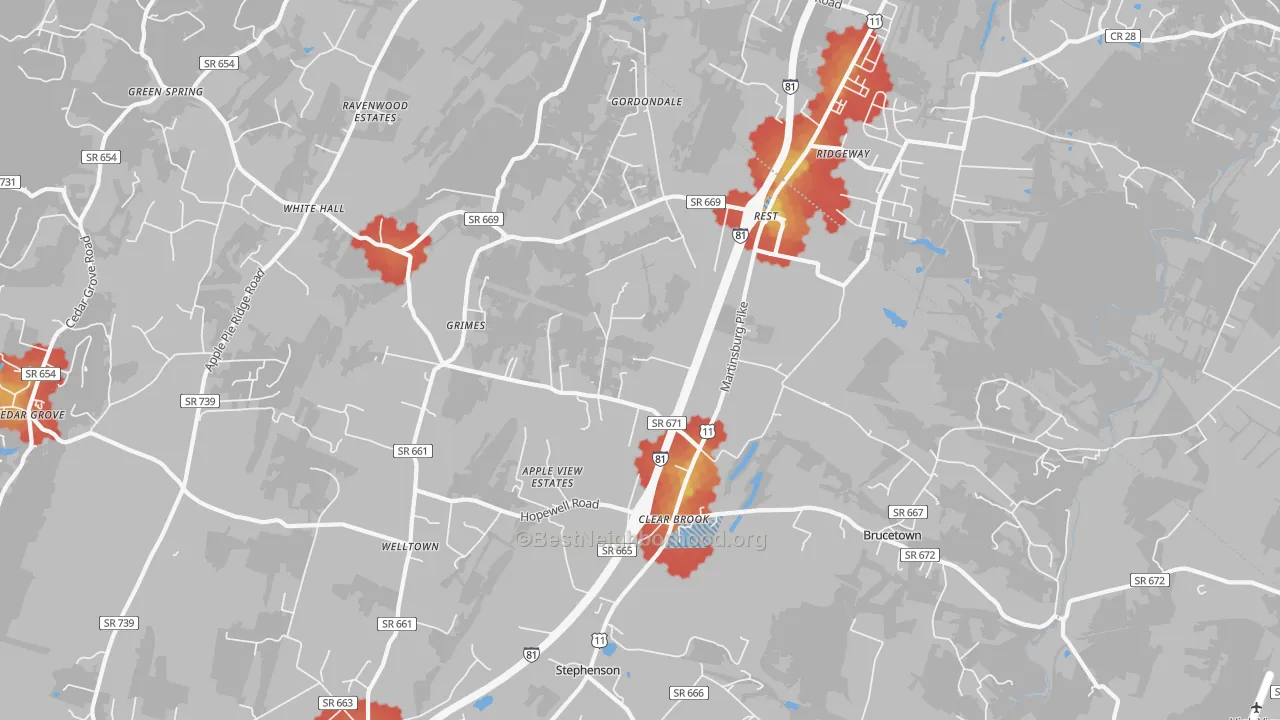 Walk Grade map of Clear Brook, VA, walkable areas in green and car-dependent areas in red