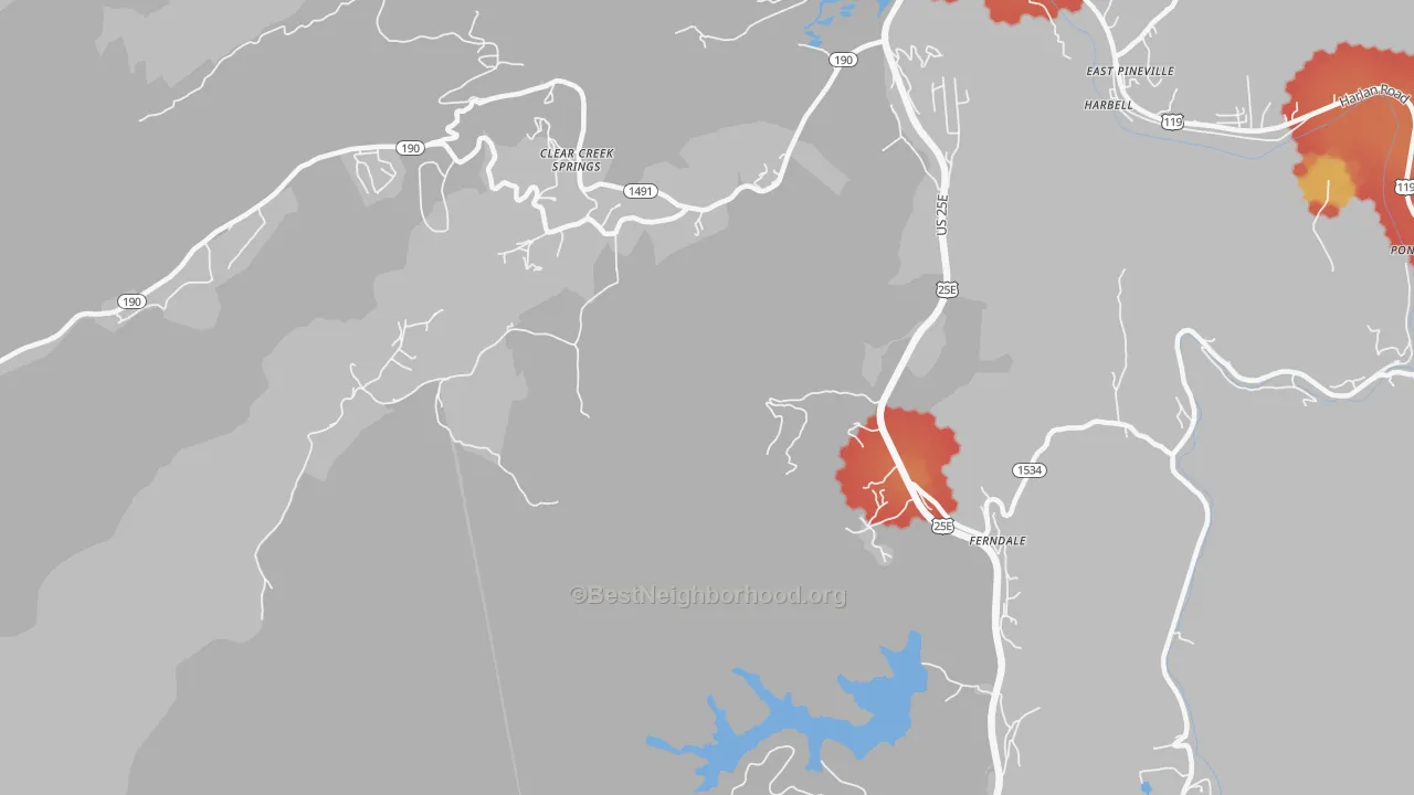 Walk Grade map of Clear Creek Springs, KY, walkable areas in green and car-dependent areas in red