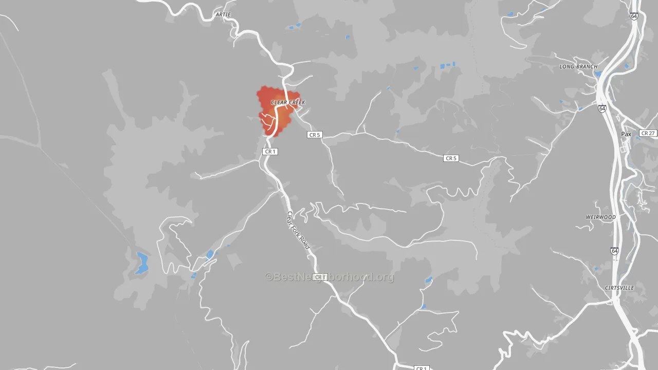 Walk Grade map of Clear Creek, WV, walkable areas in green and car-dependent areas in red
