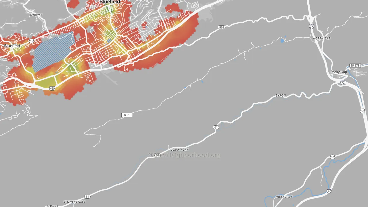 Walk Grade map of Clear Fork, VA, walkable areas in green and car-dependent areas in red