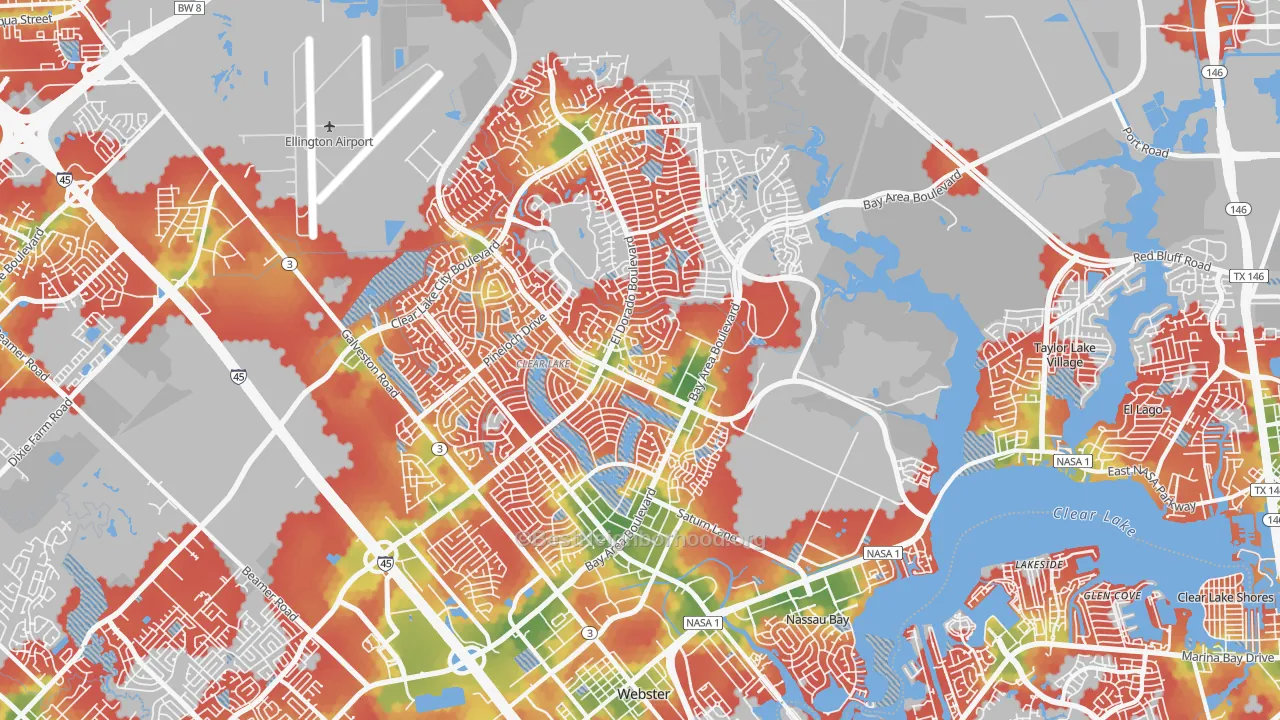 Walk Grade map of Clear Lake, Houston, TX, walkable areas in green and car-dependent areas in red