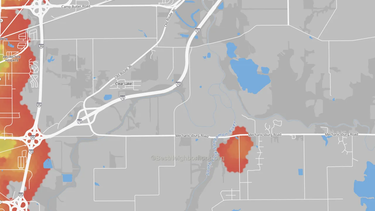 Walk Grade map of Clear Lake, IL, walkable areas in green and car-dependent areas in red
