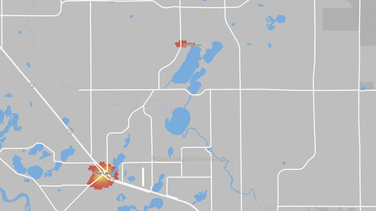 Walk Grade map of Clear Lake, MN, walkable areas in green and car-dependent areas in red