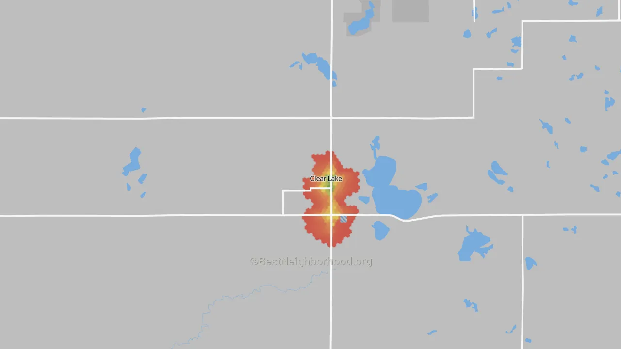 Walk Grade map of Clear Lake, SD, walkable areas in green and car-dependent areas in red