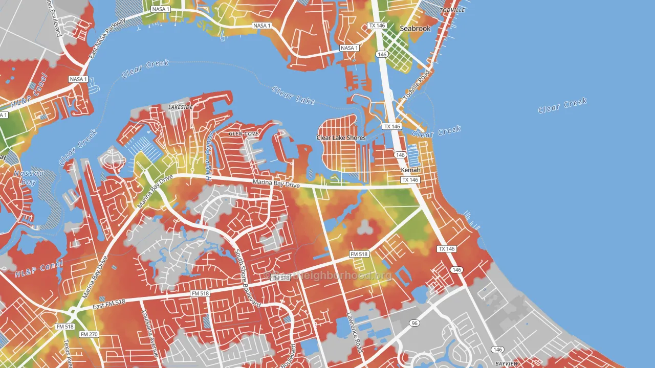 Walk Grade map of Clear Lake Shores, TX, walkable areas in green and car-dependent areas in red
