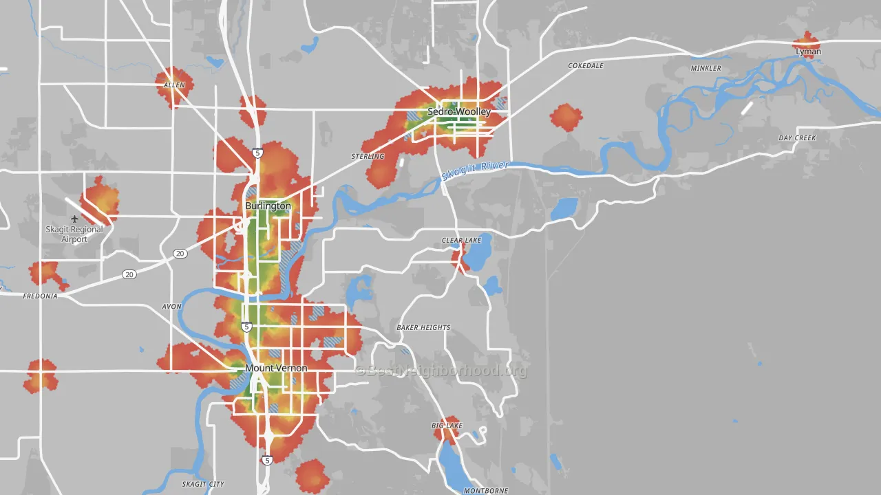 Walk Grade map of Clear Lake, WA, walkable areas in green and car-dependent areas in red