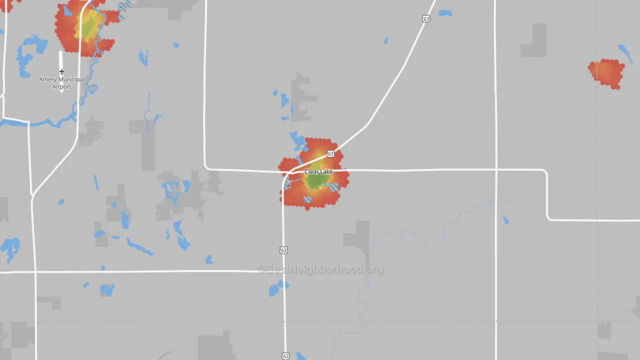 Walk Grade map of Clear Lake, WI, walkable areas in green and car-dependent areas in red