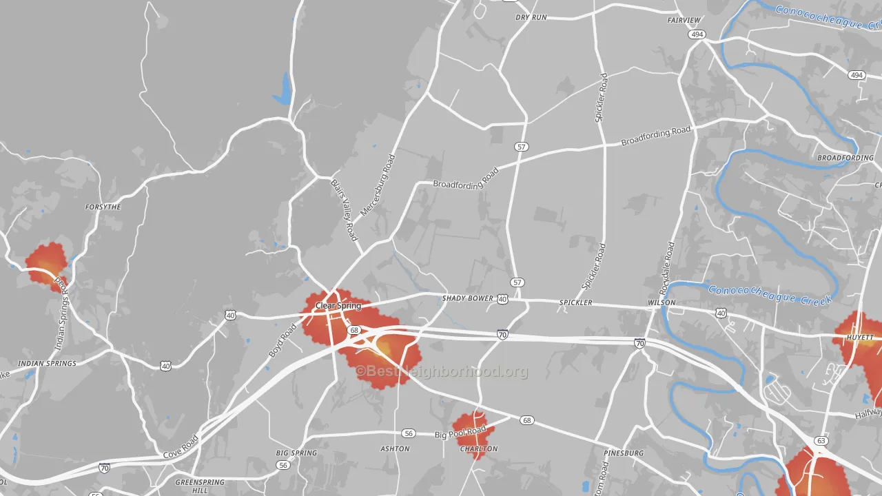 Walk Grade map of Clear Spring, MD, walkable areas in green and car-dependent areas in red