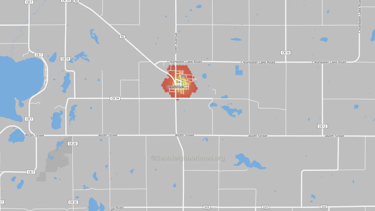 Walk Grade map of Clearbrook, MN, walkable areas in green and car-dependent areas in red