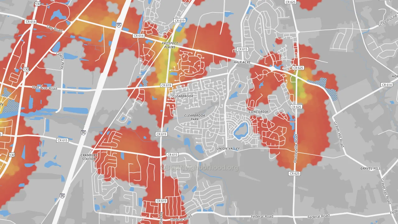 Walk Grade map of Clearbrook Park, NJ, walkable areas in green and car-dependent areas in red