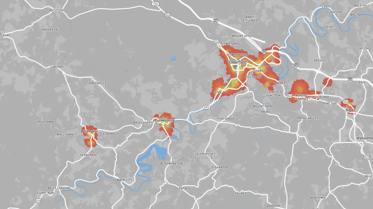 Walk Grade map of Clearfield County, PA, walkable areas in green and car-dependent areas in red