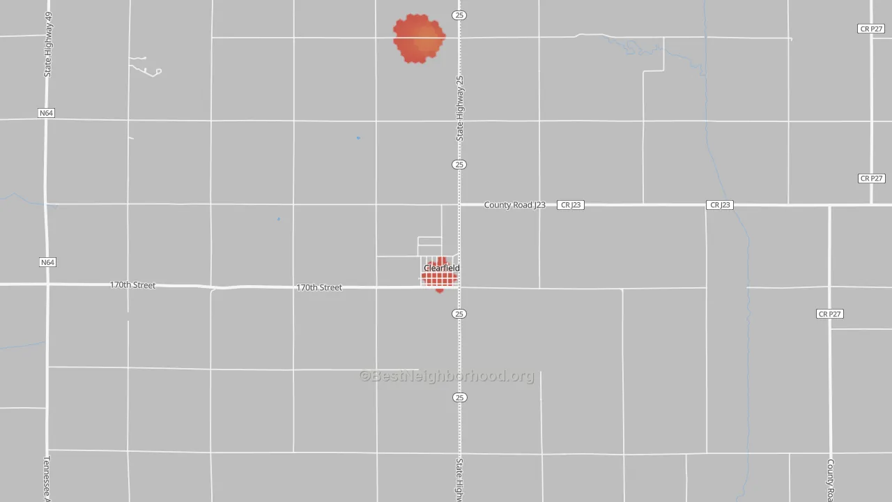 Walk Grade map of Clearfield, IA, walkable areas in green and car-dependent areas in red