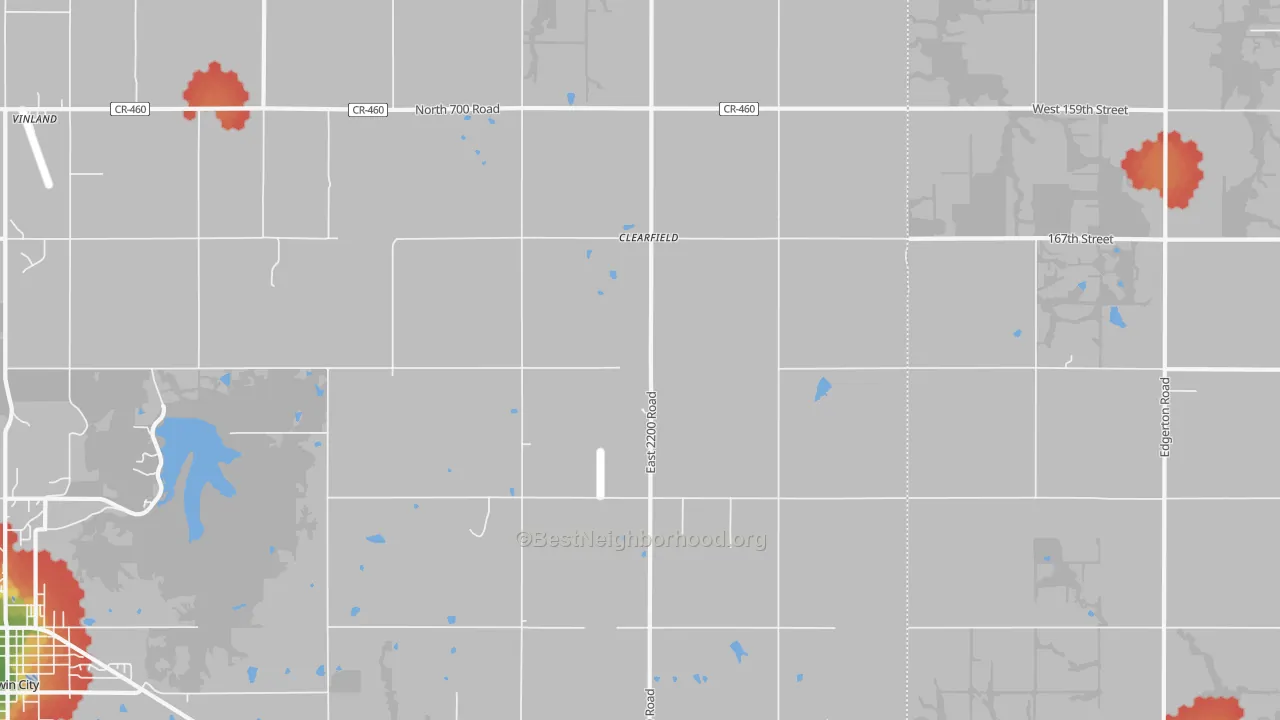 Walk Grade map of Clearfield, KS, walkable areas in green and car-dependent areas in red