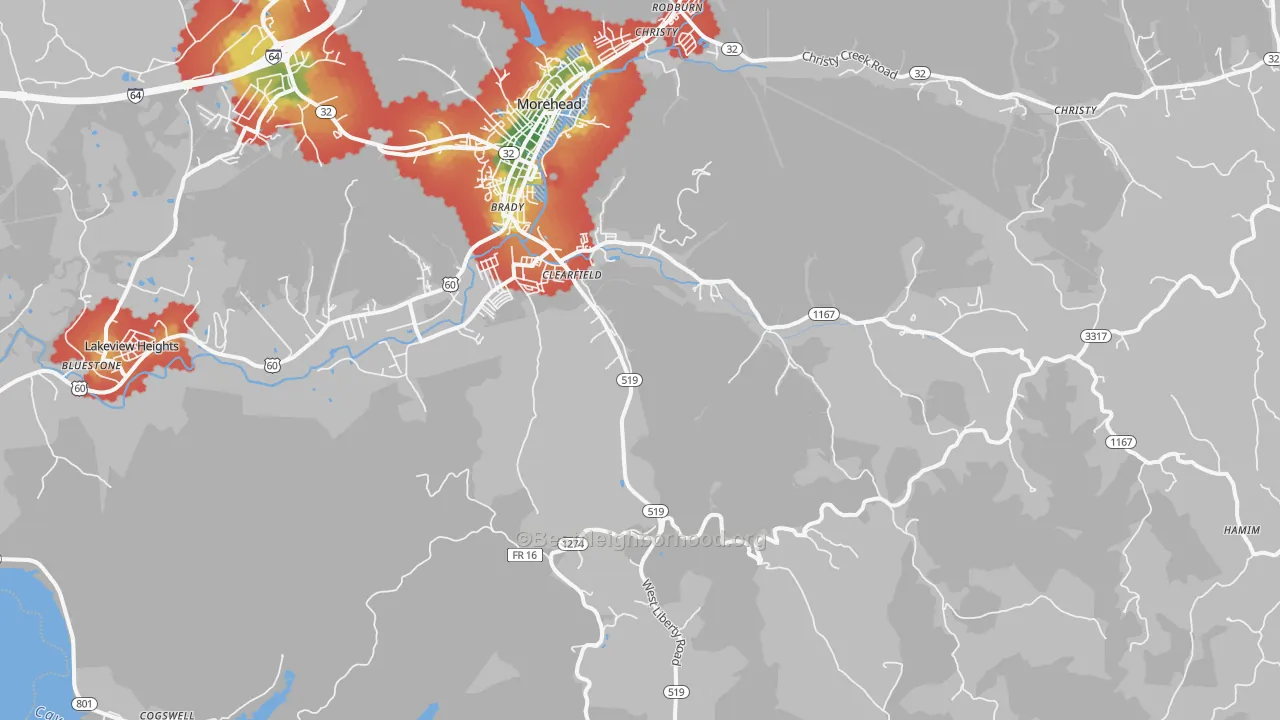 Walk Grade map of Clearfield, KY, walkable areas in green and car-dependent areas in red