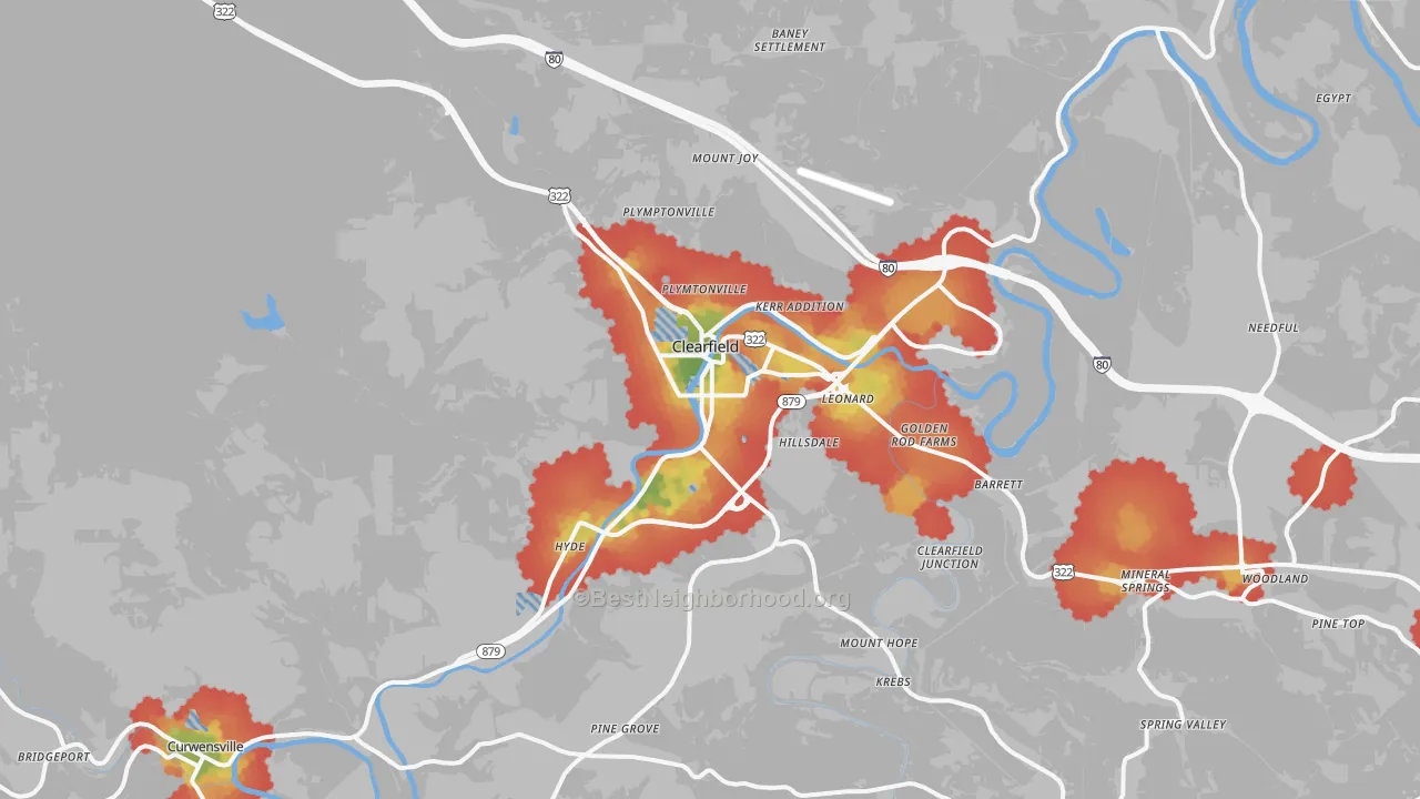Walk Grade map of Clearfield, PA, walkable areas in green and car-dependent areas in red