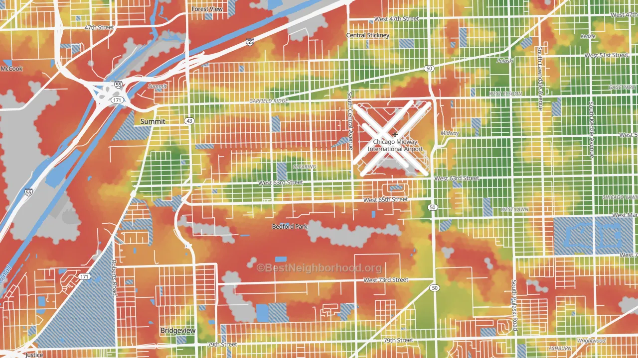 Walk Grade map of Clearing, Chicago, IL, walkable areas in green and car-dependent areas in red