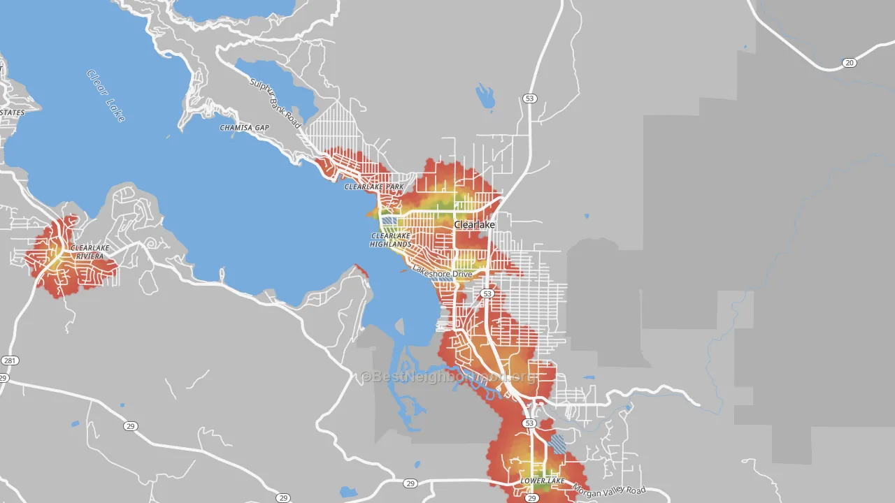 Walk Grade map of Clearlake, CA, walkable areas in green and car-dependent areas in red