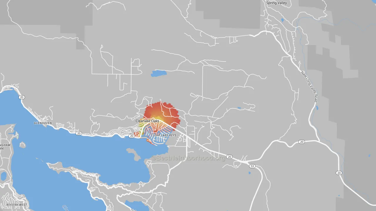 Walk Grade map of Clearlake Oaks, CA, walkable areas in green and car-dependent areas in red