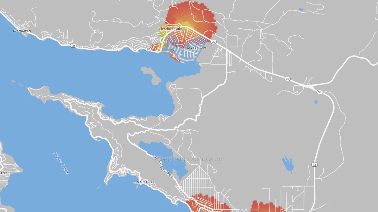 Walk Grade map of Clearlake Park, CA, walkable areas in green and car-dependent areas in red