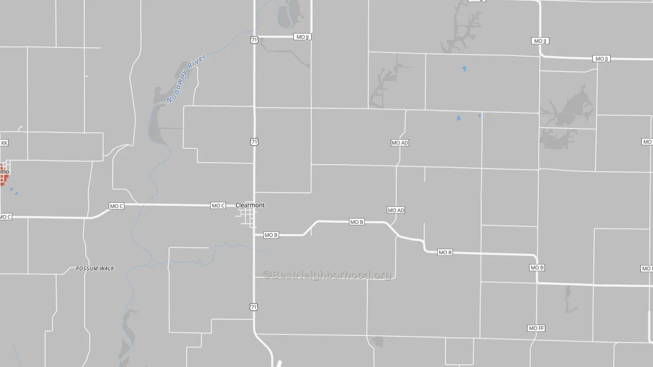 Walk Grade map of Clearmont, MO, walkable areas in green and car-dependent areas in red