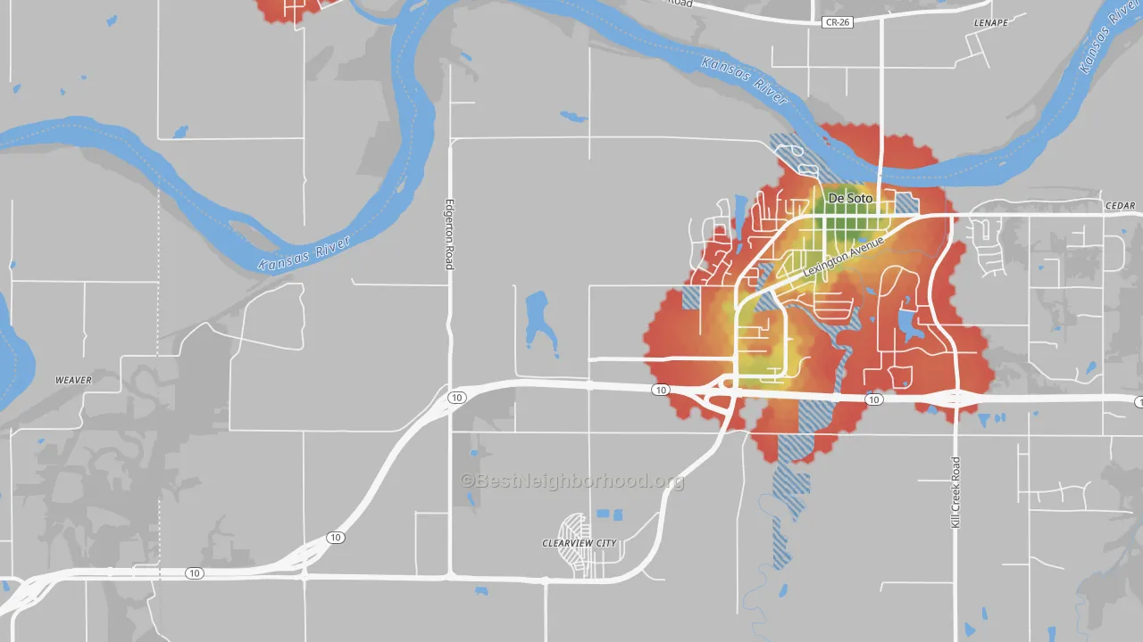 Walk Grade map of Clearview City, KS, walkable areas in green and car-dependent areas in red