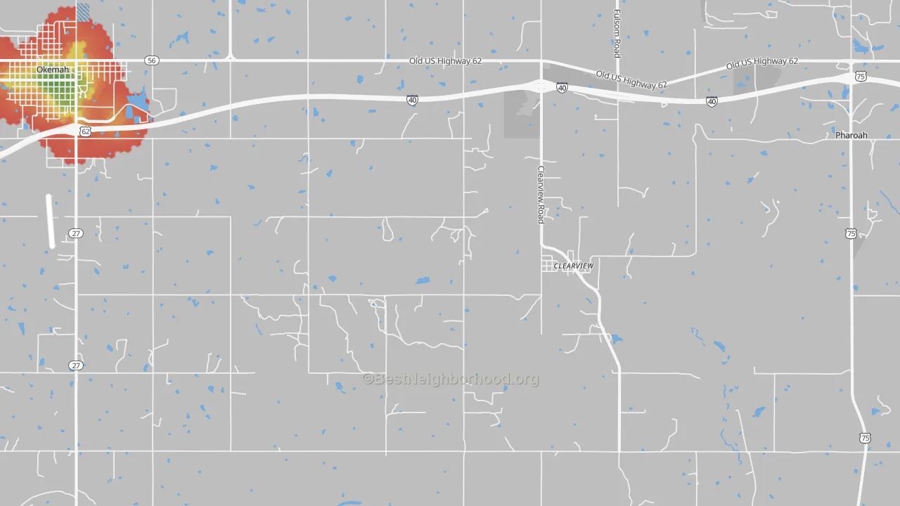Walk Grade map of Clearview, OK, walkable areas in green and car-dependent areas in red