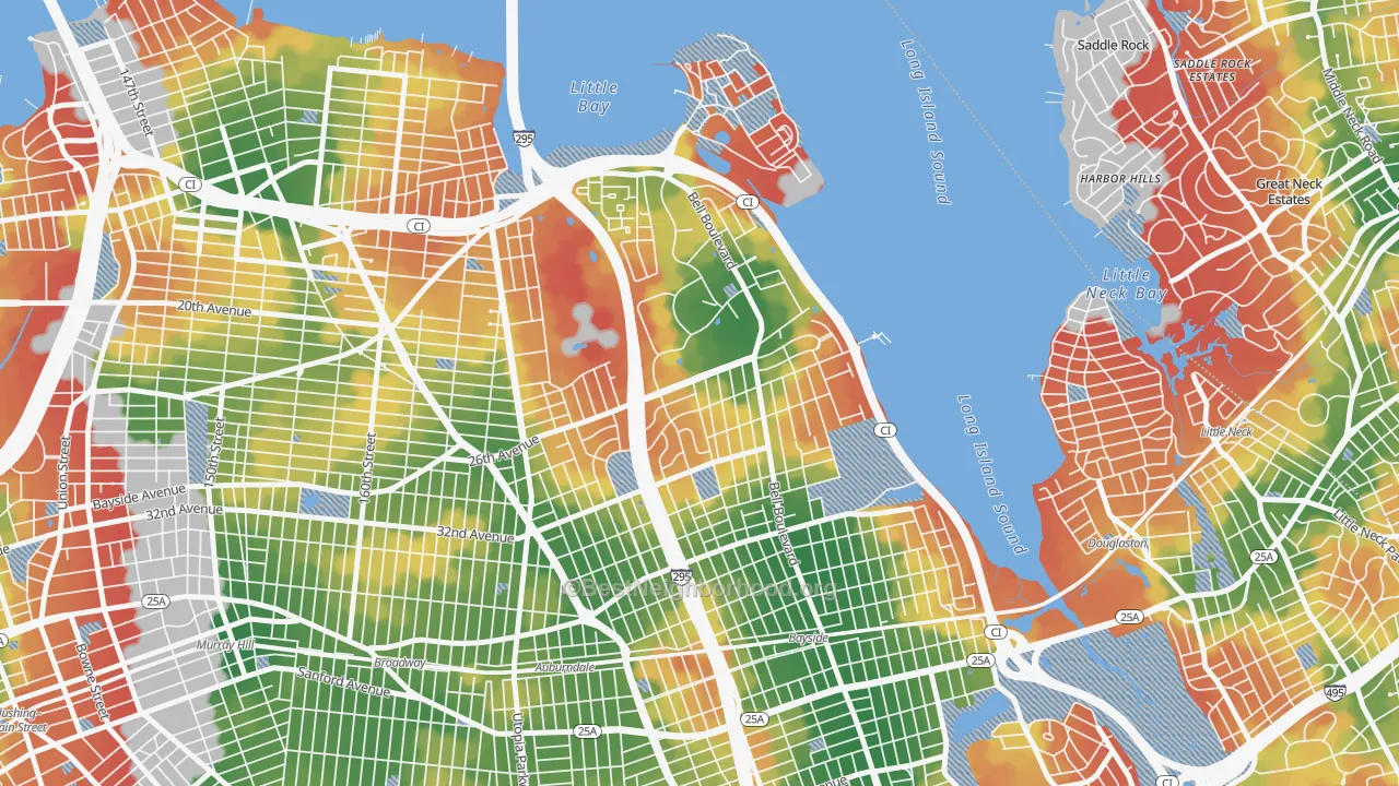 Walk Grade map of Clearview, Queens, NY, walkable areas in green and car-dependent areas in red