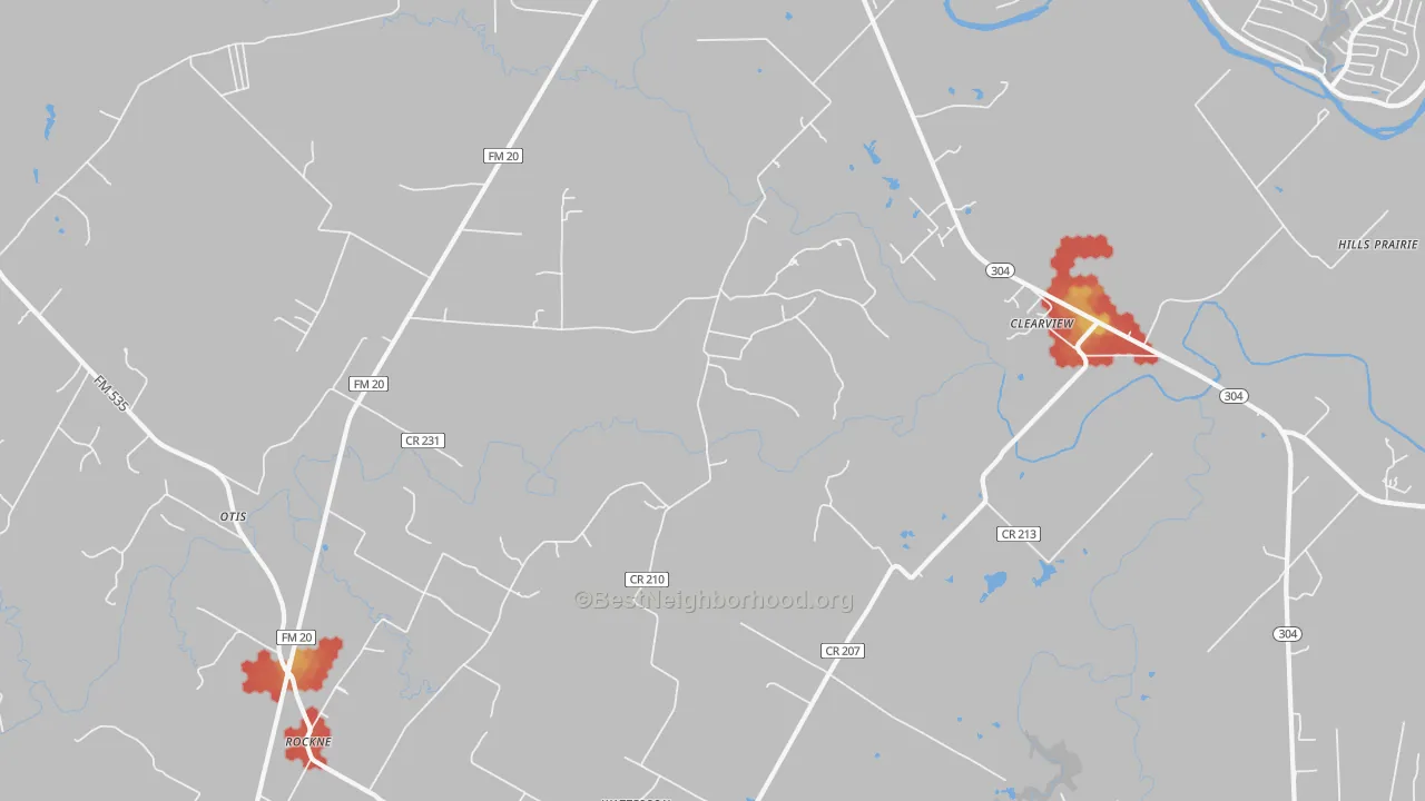 Walk Grade map of Clearview, TX, walkable areas in green and car-dependent areas in red
