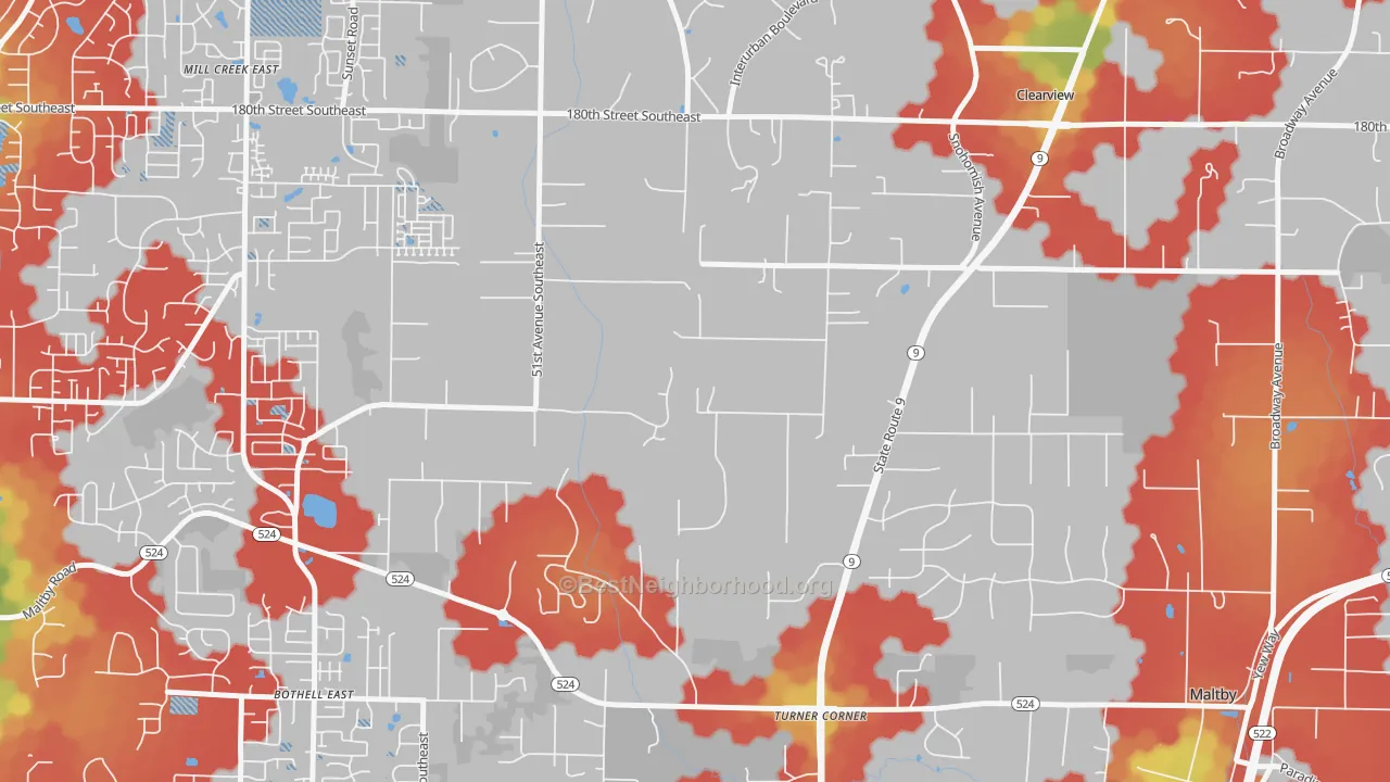Walk Grade map of Clearview, WA, walkable areas in green and car-dependent areas in red
