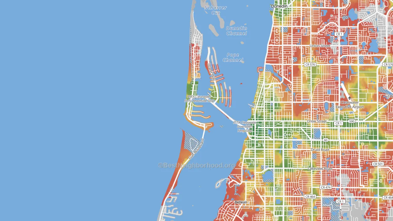 Walk Grade map of Clearwater Beach, FL, walkable areas in green and car-dependent areas in red