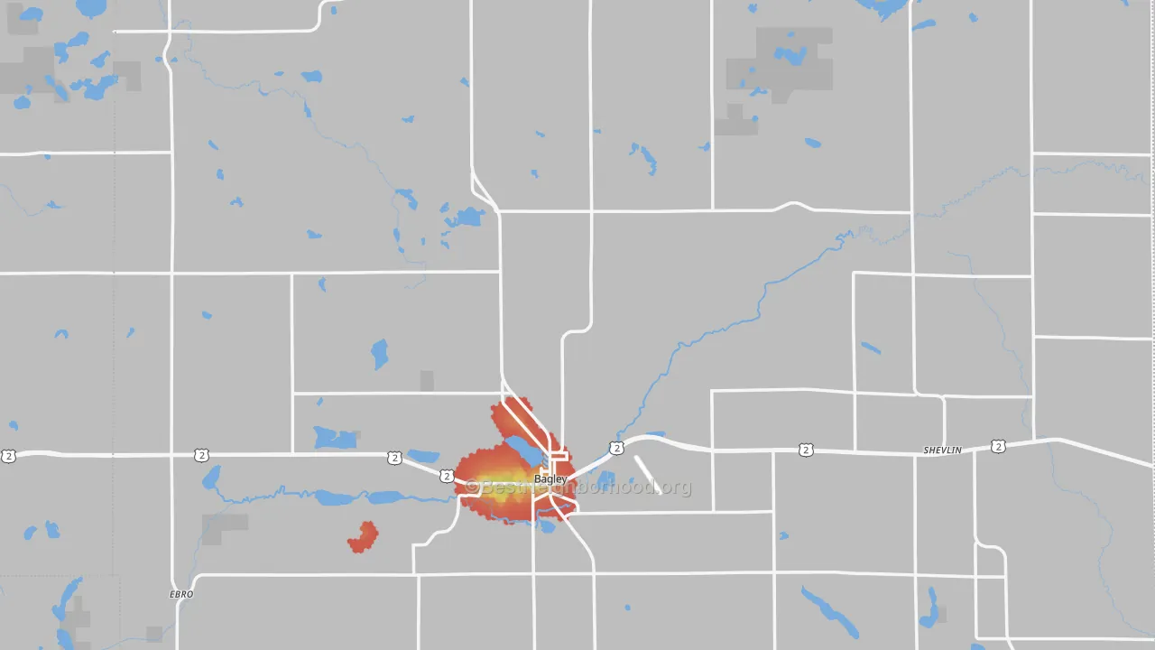Walk Grade map of Clearwater County, MN, walkable areas in green and car-dependent areas in red