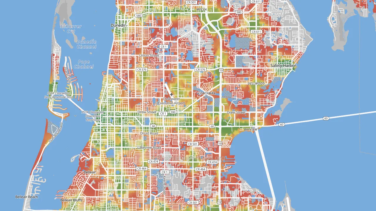 Walk Grade map of Clearwater, FL, walkable areas in green and car-dependent areas in red