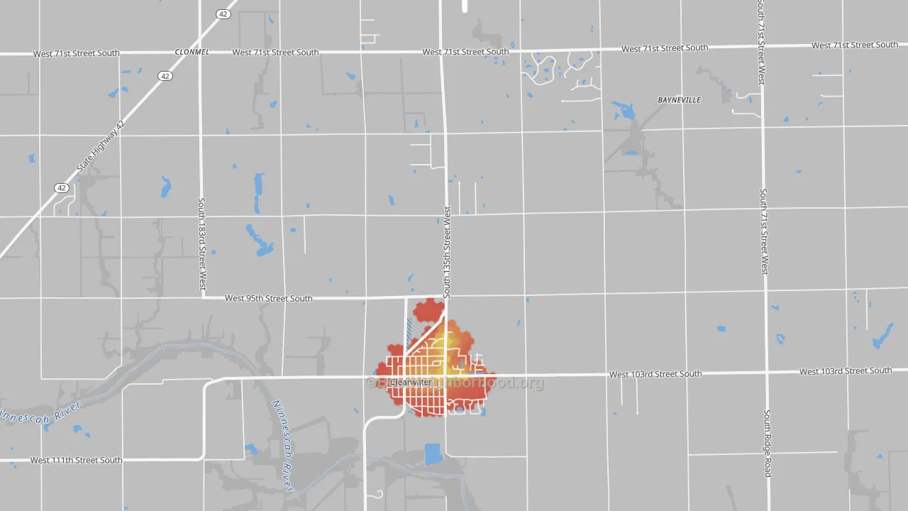 Walk Grade map of Clearwater, KS, walkable areas in green and car-dependent areas in red