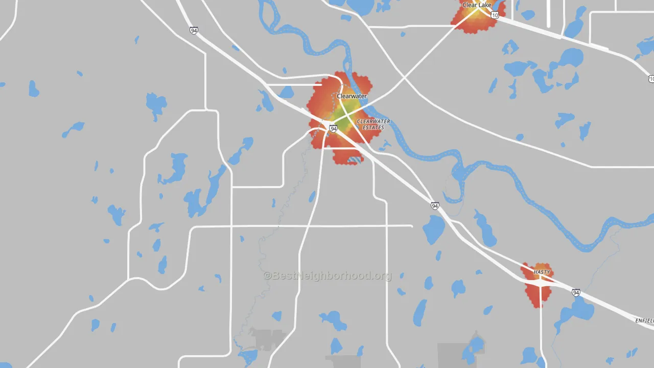 Walk Grade map of Clearwater, MN, walkable areas in green and car-dependent areas in red