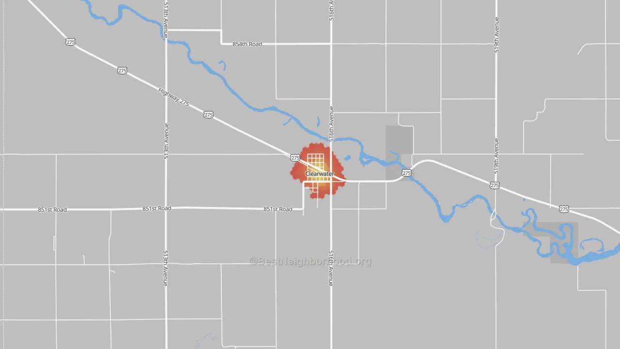 Walk Grade map of Clearwater, NE, walkable areas in green and car-dependent areas in red