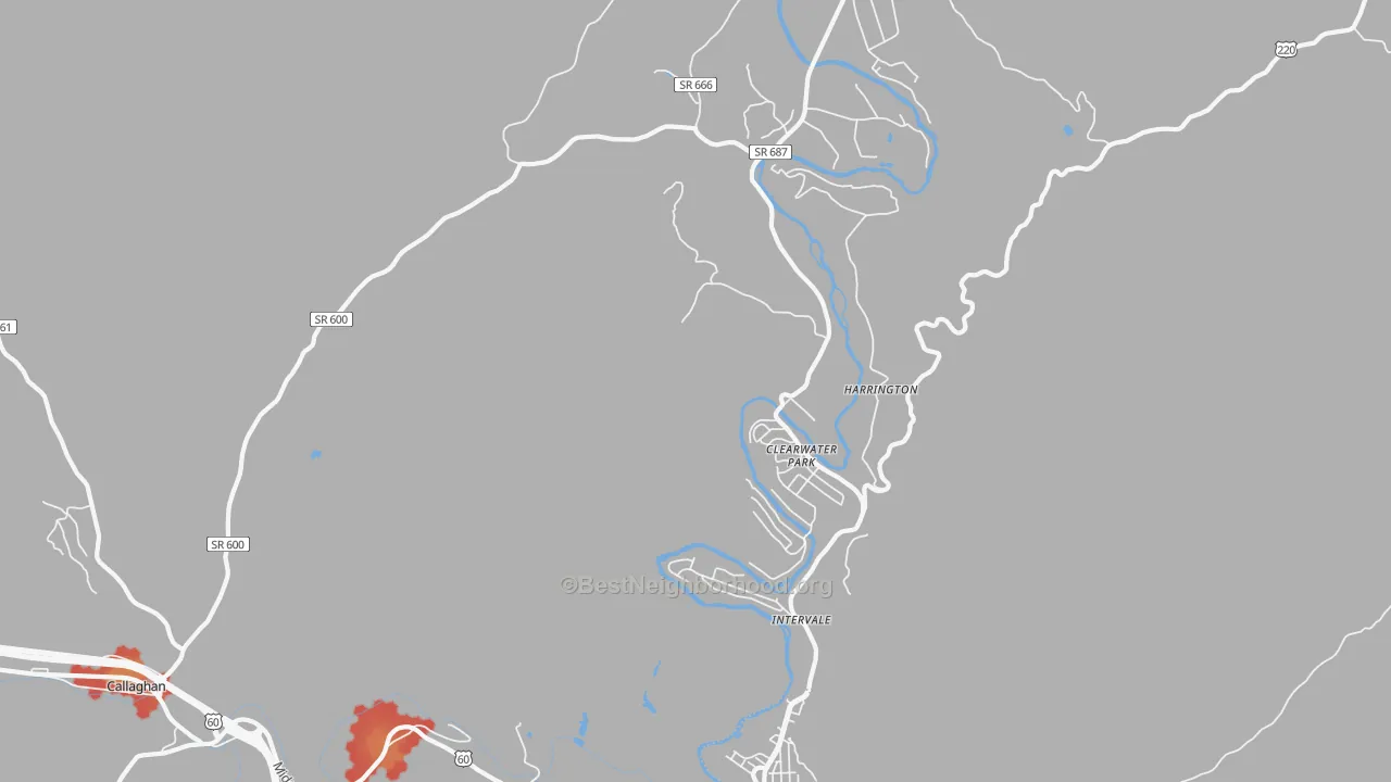 Walk Grade map of Clearwater Park, VA, walkable areas in green and car-dependent areas in red