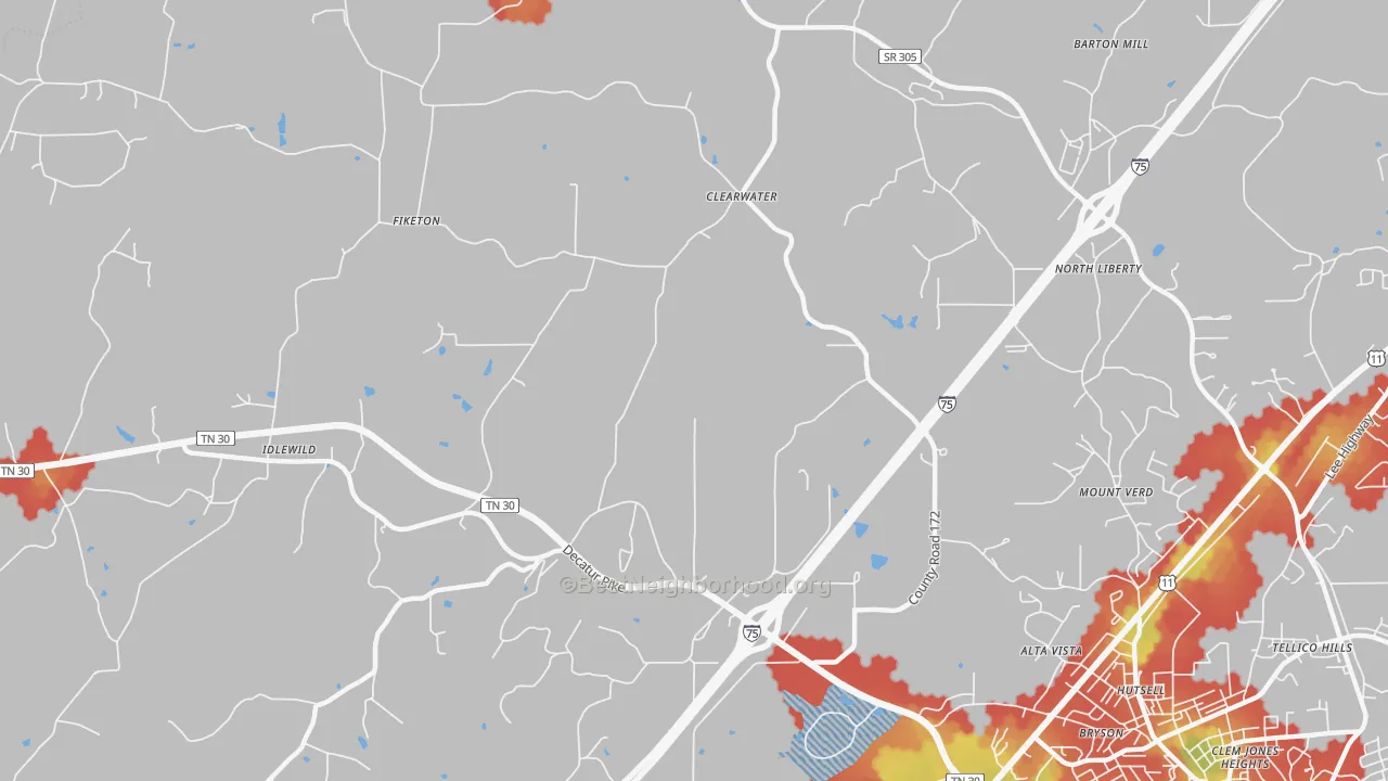 Walk Grade map of Clearwater, TN, walkable areas in green and car-dependent areas in red