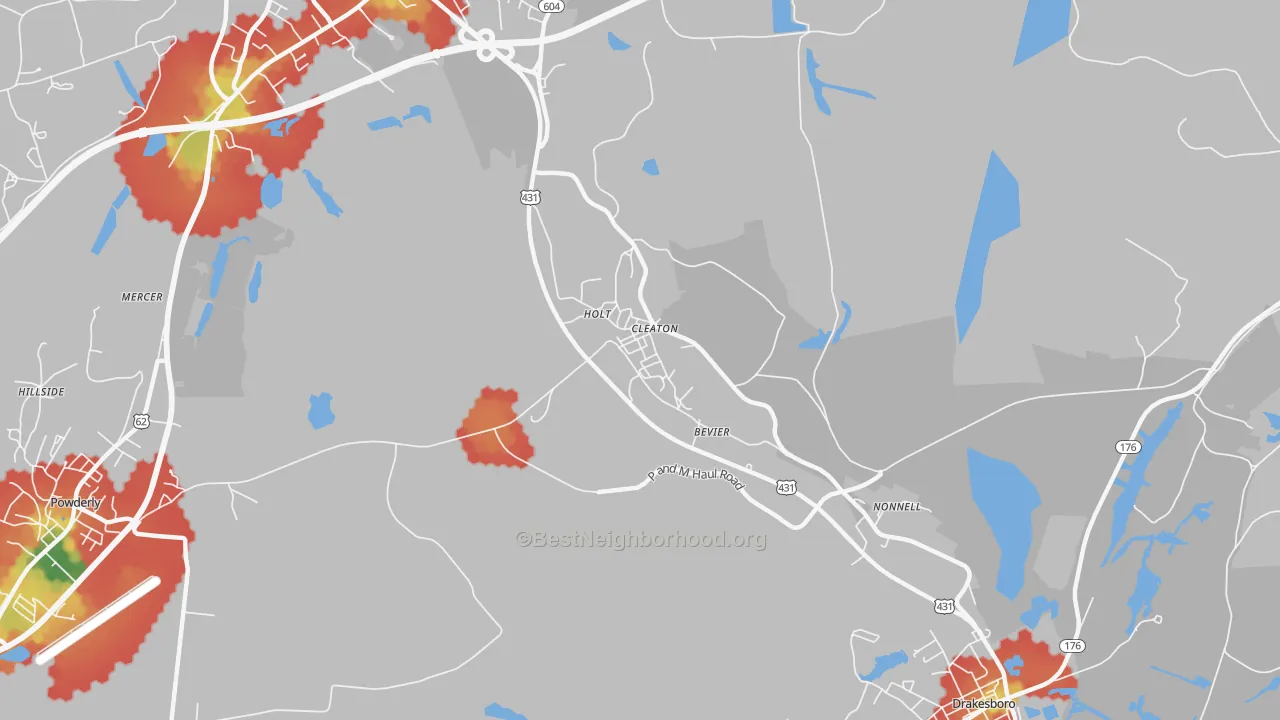 Walk Grade map of Cleaton, KY, walkable areas in green and car-dependent areas in red